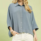 Umgee oversized striped button-down shirt in soft blue with scalloped hem