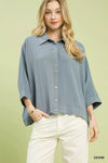Umgee oversized striped button-down shirt in soft blue with scalloped hem