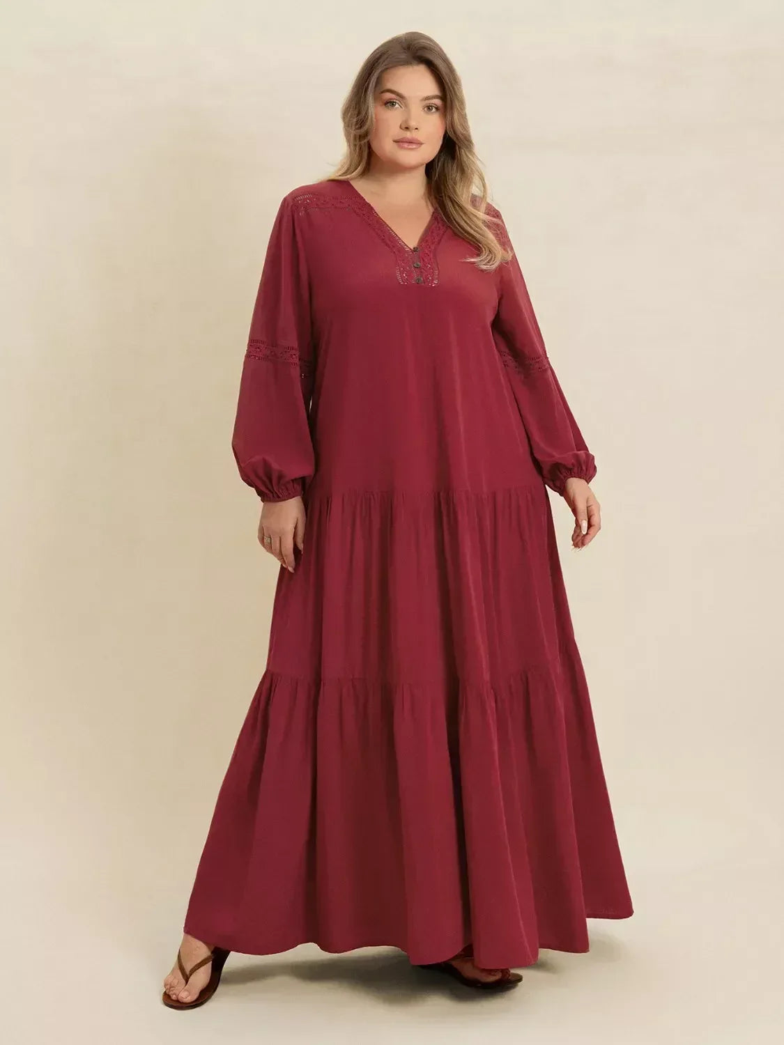 Plus Size Bohemian Tiered Maxi Dress with Balloon Sleeves - DAVERRI FASHIONS