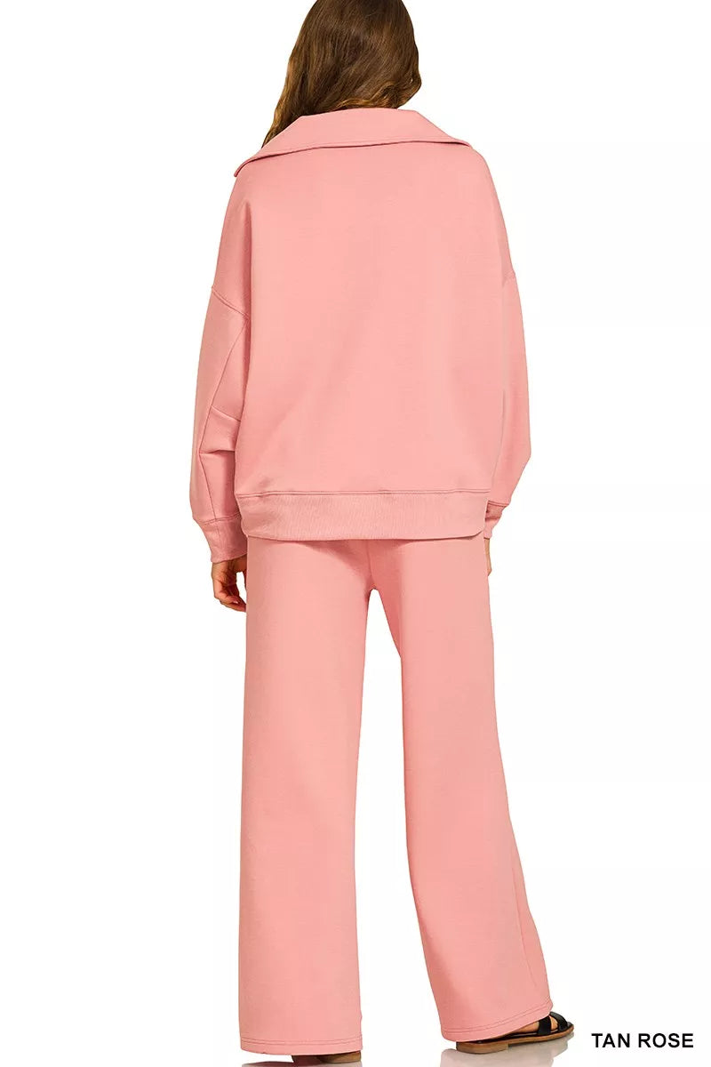 Zenana Scuba Collared Pullover and Pants Set | Loungewear Sets Daverri Fashions