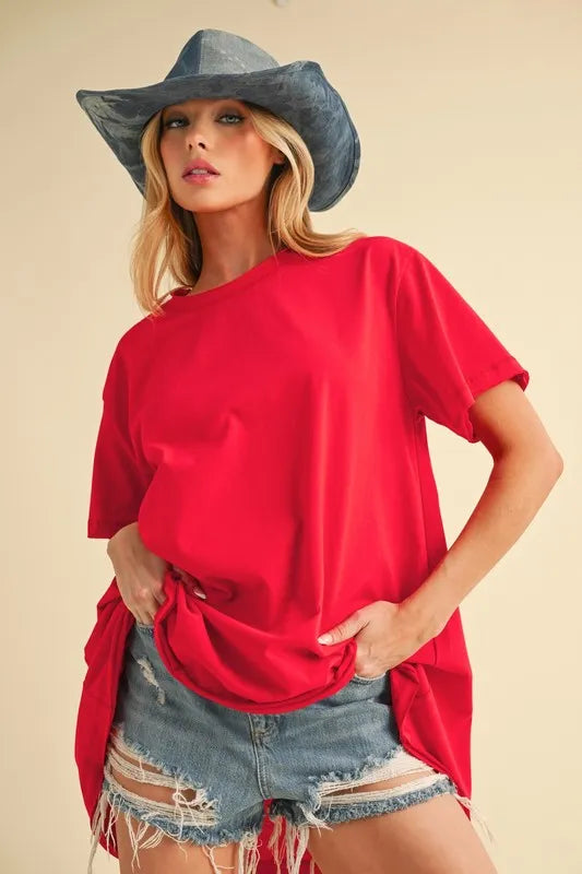 Aemi+Co Round Neck Short Sleeve Oversized T-Shirt TOMATO