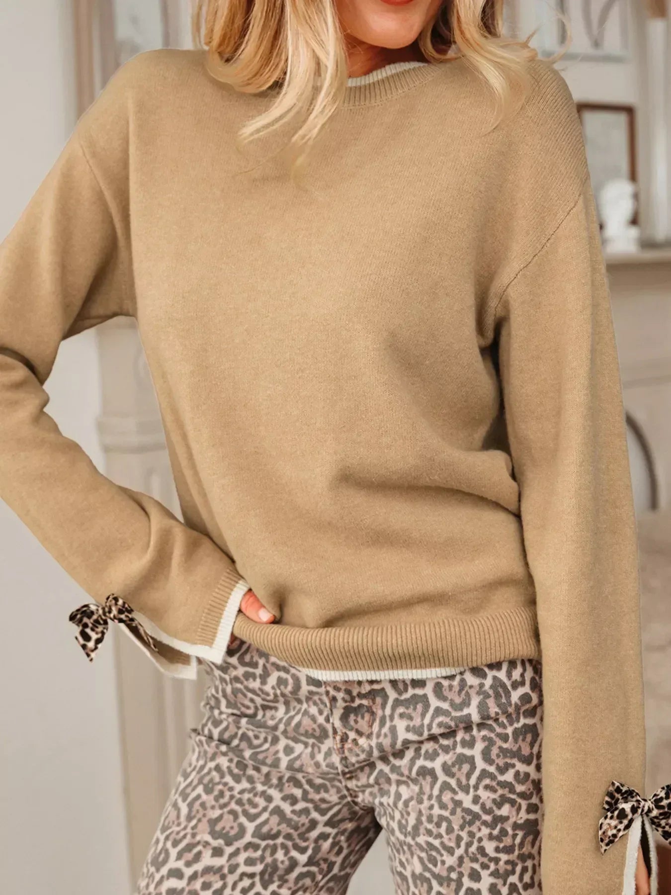 Leopard Bow Decor Split Cuff Contrast Trim Sweater - DAVERRI FASHIONS