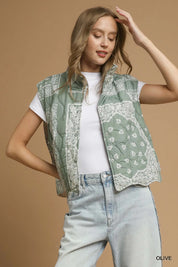 Olive Umgee Bandana Print Quilted Puffer Vest | Vest Jackets Daverri Fashions