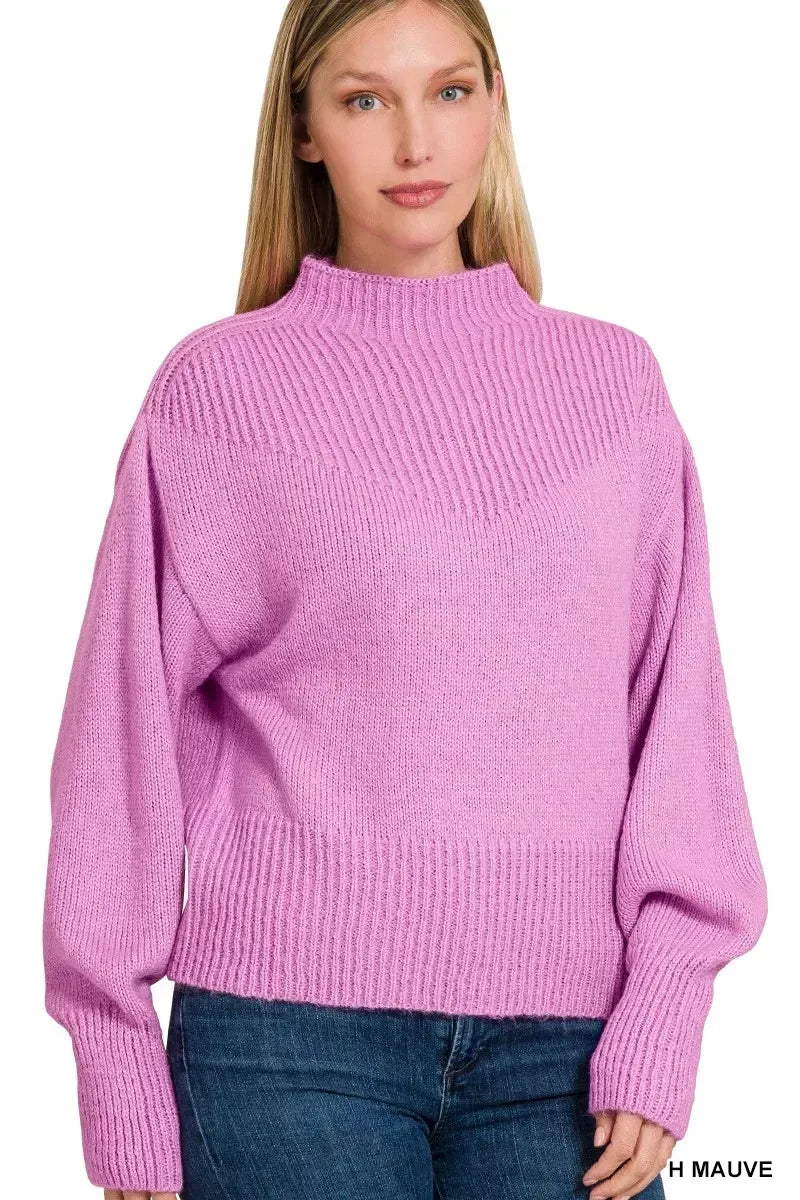 Zenana Balloon Sleeve Mock Neck Sweater Mauve - DAVERRI FASHIONS