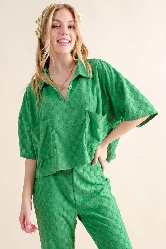 Green quilted short-sleeve pajama top with pockets from Anthropologie