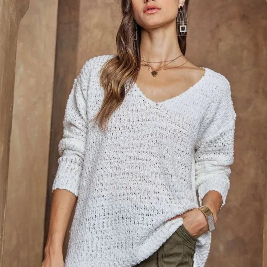 White ADORA High-Low Side Slit V-Neck Sweater | Sweaters Daverri Fashions