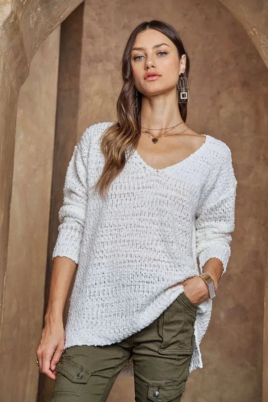 White ADORA High-Low Side Slit V-Neck Sweater | Sweaters Daverri Fashions