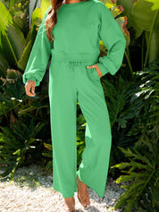 Drop Shoulder Puff Sleeve Crop Top and Drawstring Wide Leg Pants Set | Loungewear Sets Daverri Fashions