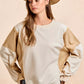 BiBi French terry color block top in beige and tan two-tone relaxed fit
