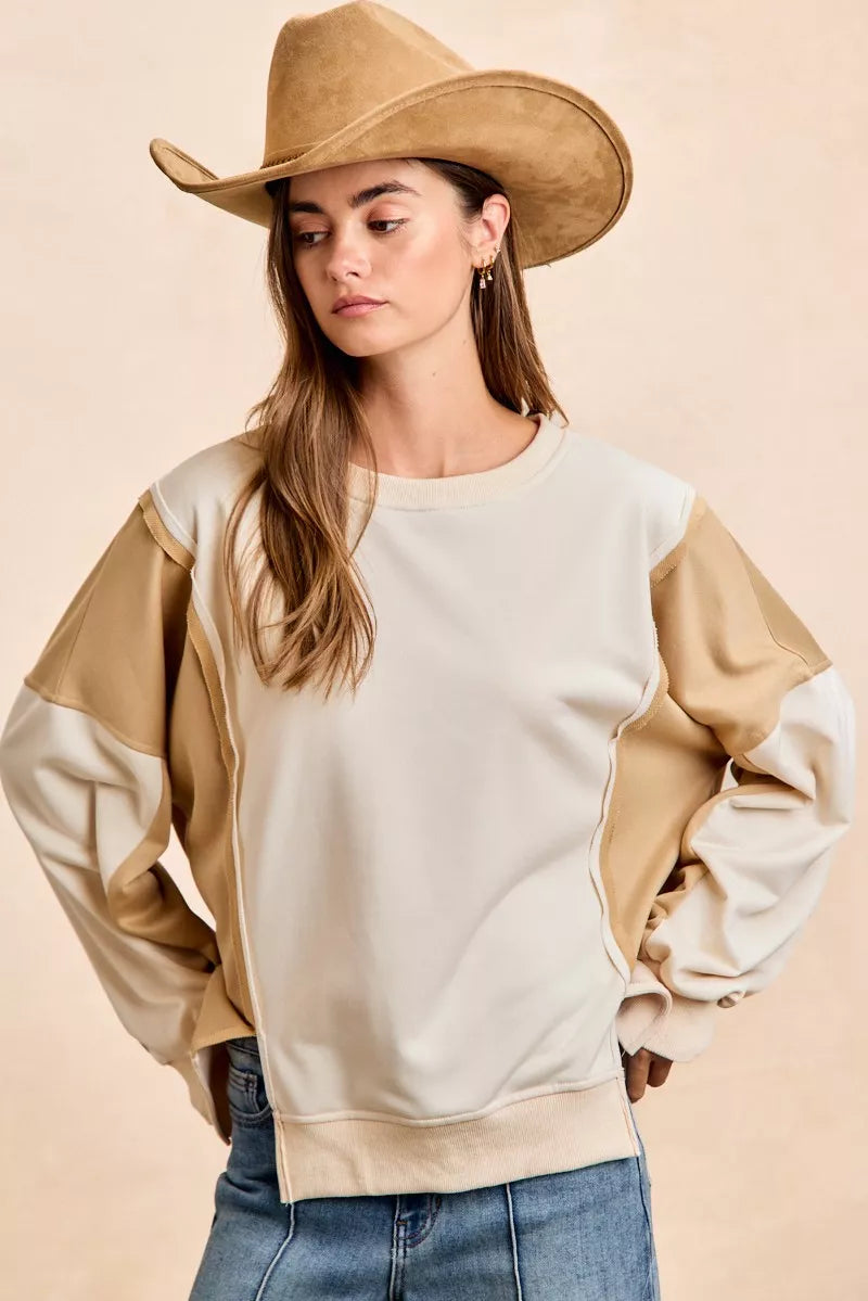 BiBi French terry color block top in beige and tan two-tone relaxed fit