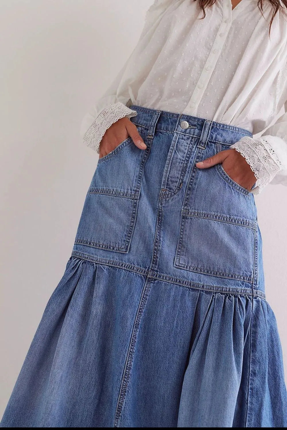 Daverri midi denim skirt in medium blue wash with high waist, pockets, tiered hem