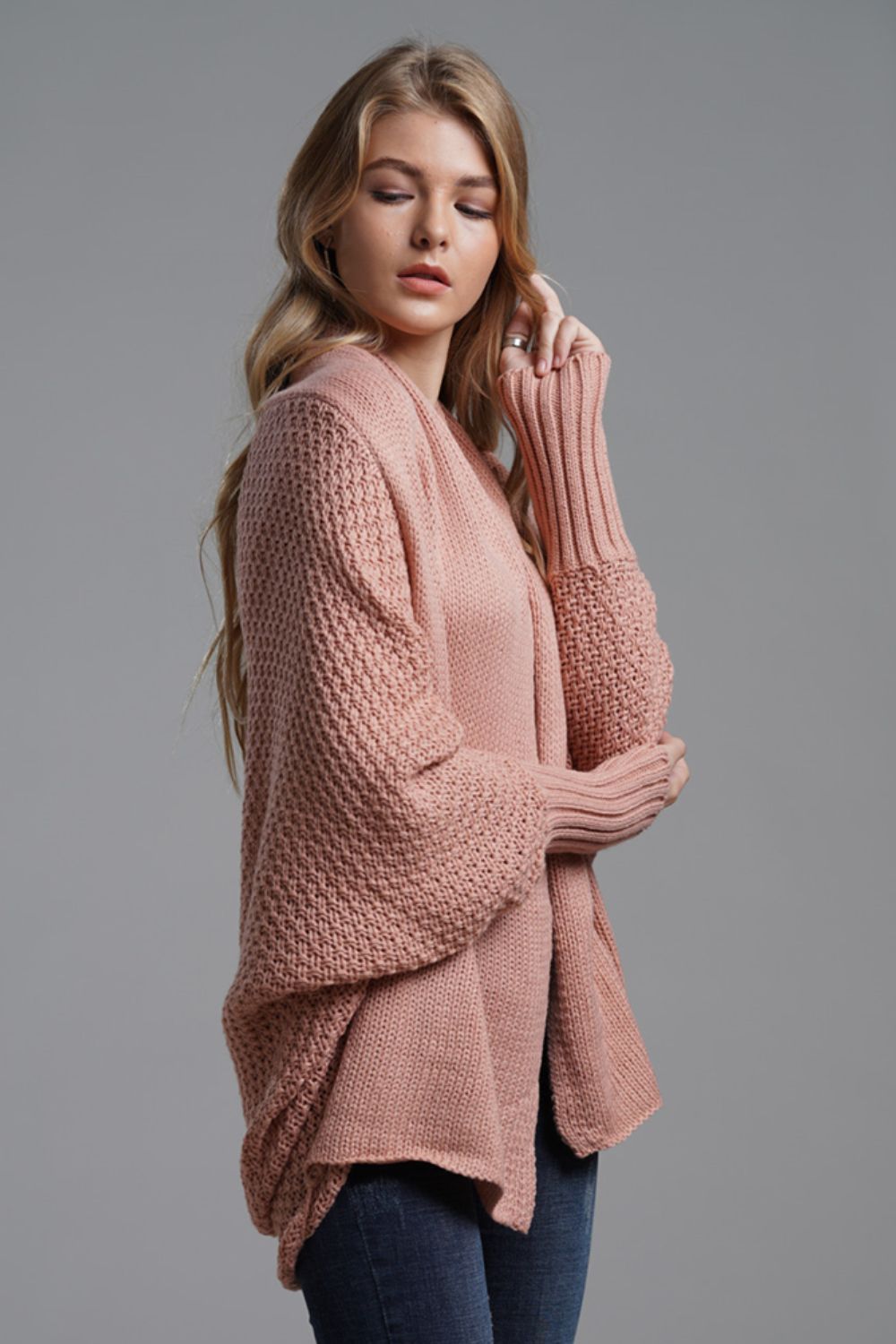 Dolman Sleeve Open Front Ribbed Trim Longline Cardigan | Cardigans Daverri Fashions