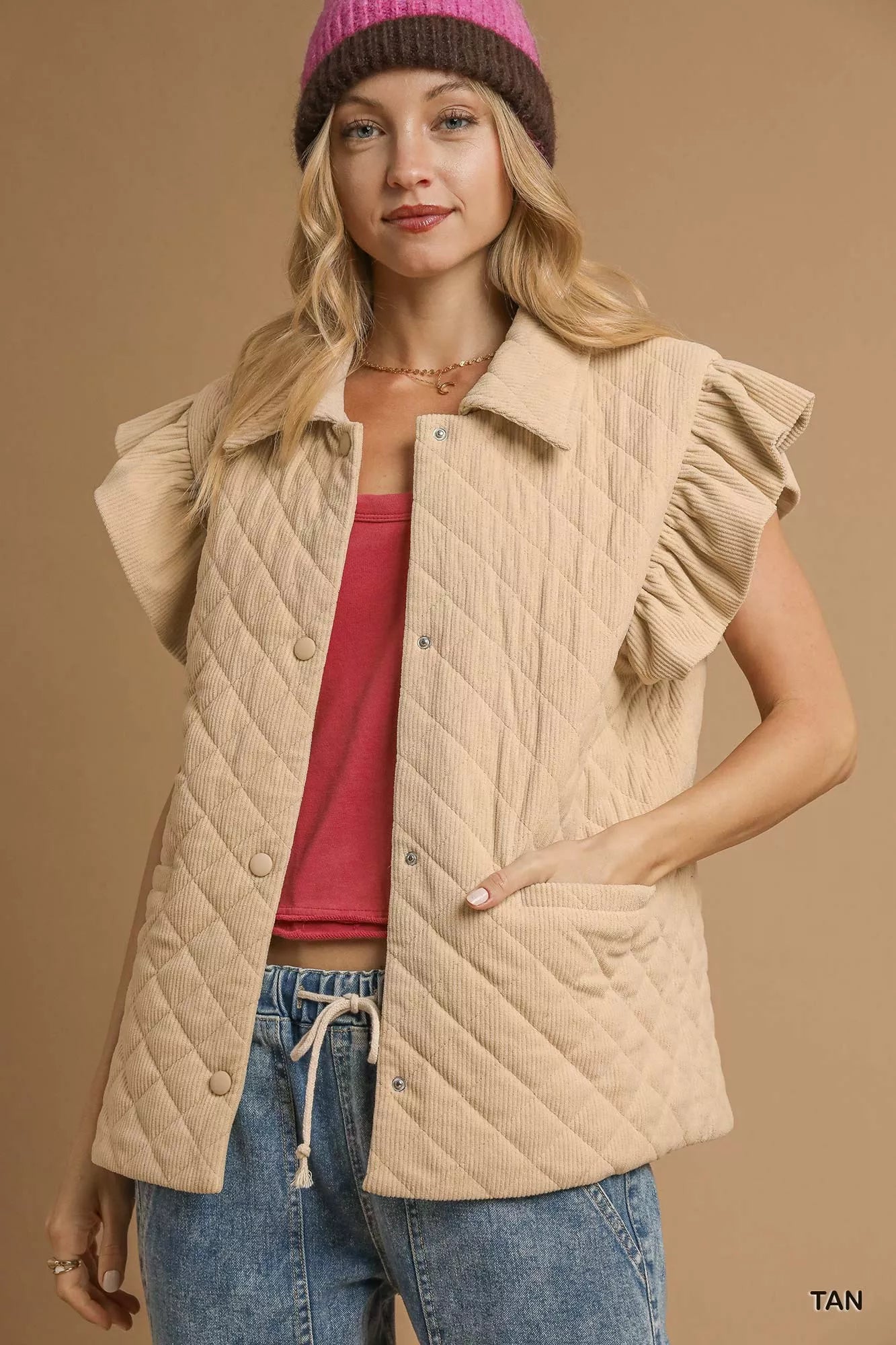Beige Umgee corduroy quilted ruffle sleeve vest with buttons