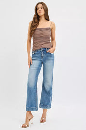 RISEN Full Size Mid Rise Crop Straight Jeans with Taylor Cuffed Plus Size | Jeans Daverri Fashions