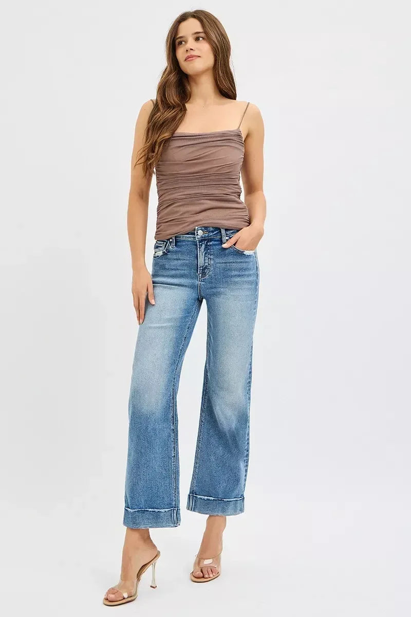 RISEN Full Size Mid Rise Crop Straight Jeans with Taylor Cuffed Plus Size - DAVERRI FASHIONS