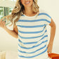 BiBi Striped Round Neck Short Sleeve Knit Top Ivory Denim XL Tops