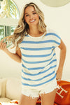 BiBi Striped Round Neck Short Sleeve Knit Top - DAVERRI FASHIONS