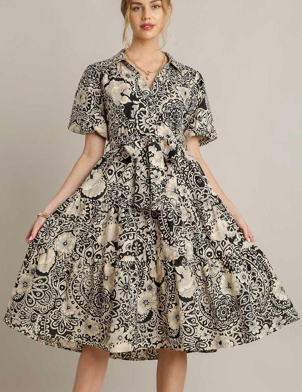 Black 1XL Umgee Full Size Mixed Print A-Line Tiered Midi Dress Plus Size | Daverri Fashions