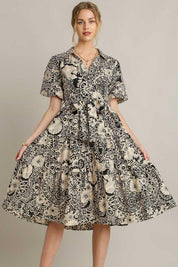 Black 1XL Umgee Full Size Mixed Print A-Line Tiered Midi Dress Plus Size | Daverri Fashions