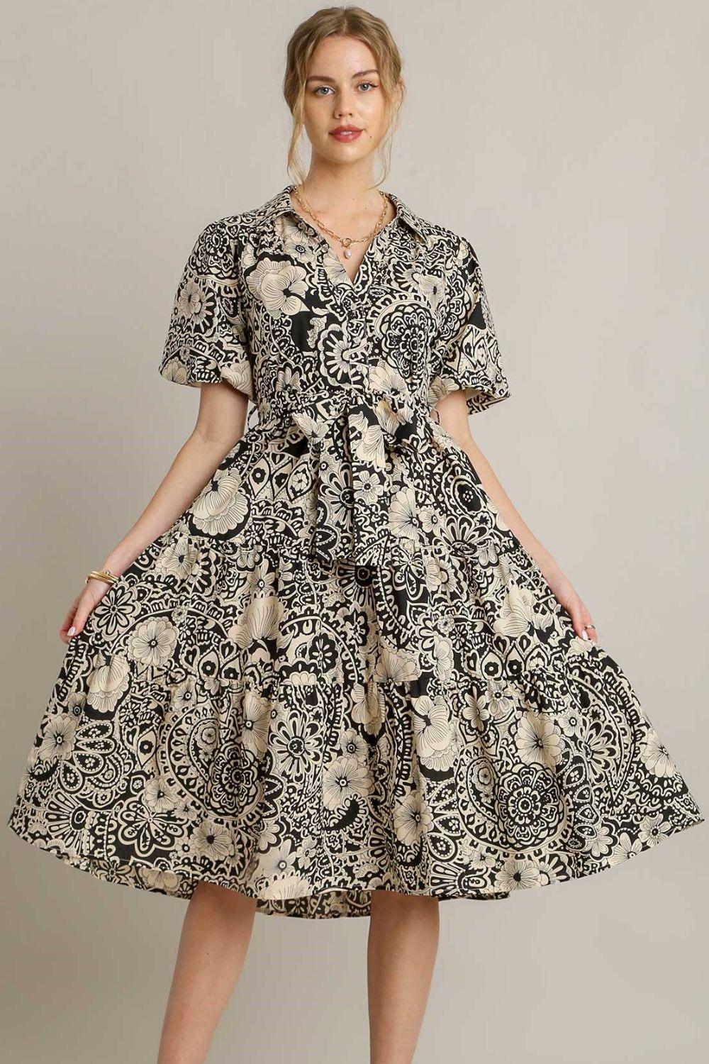 Umgee Full Size Mixed Print A-Line Tiered Midi Dress Plus Size Black 1XL
