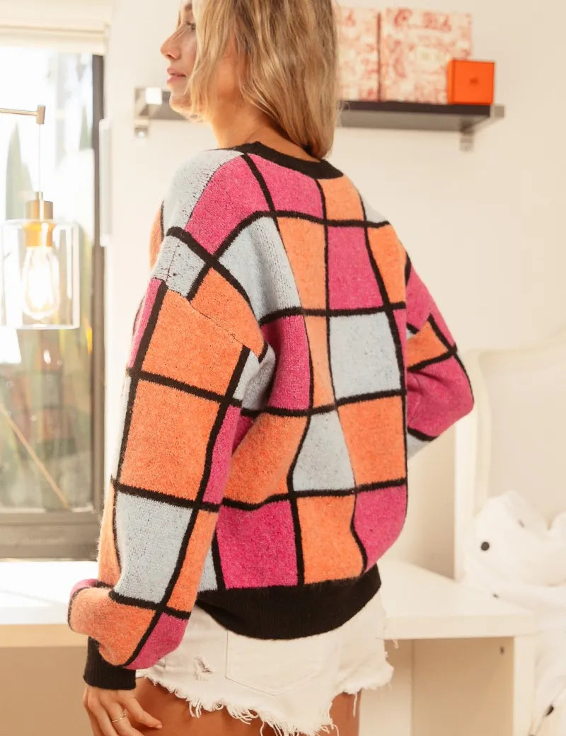 BiBi Multi Color Checker Pattern Sweater | Sweaters Daverri Fashions