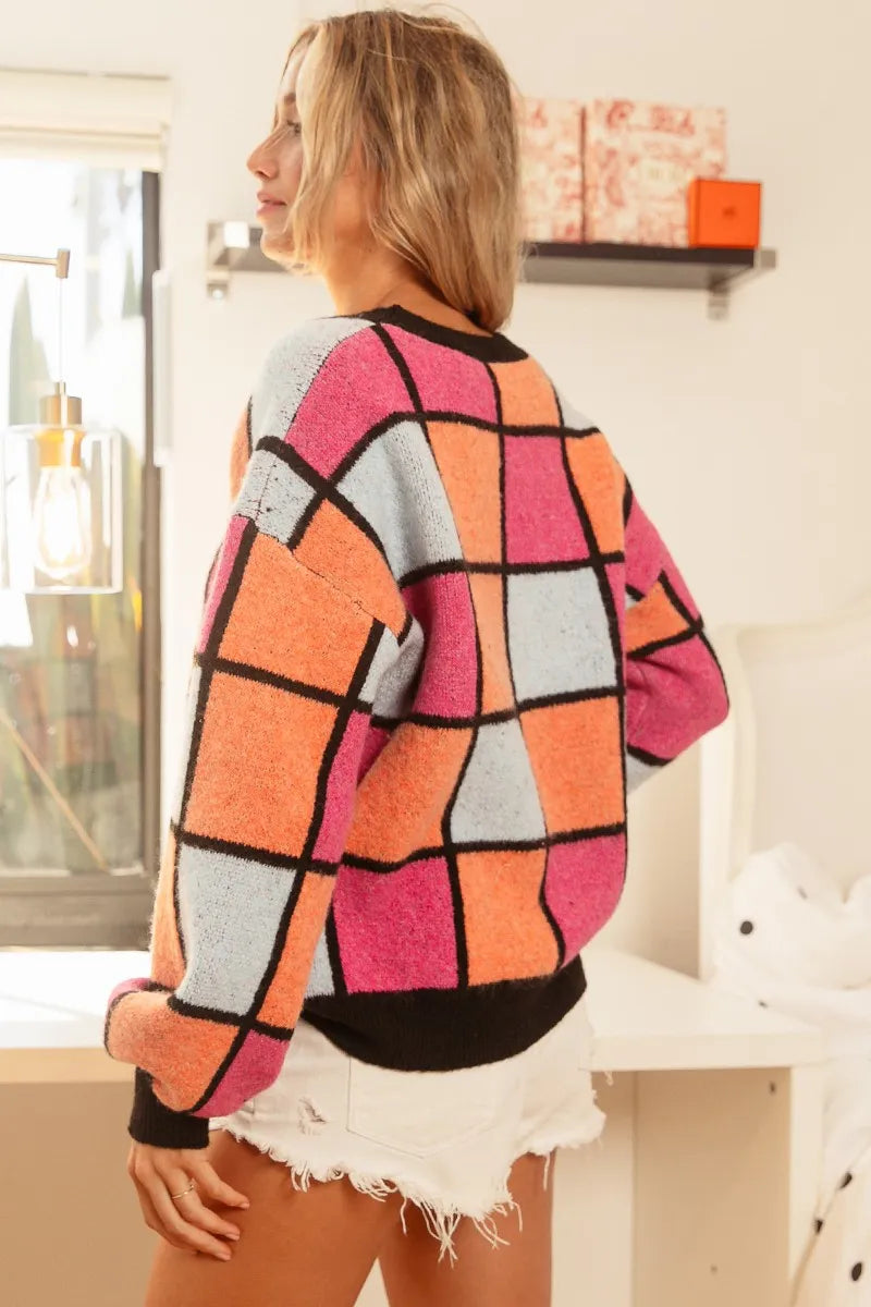 BiBi Multi Color Checker Pattern Sweater | Sweaters Daverri Fashions