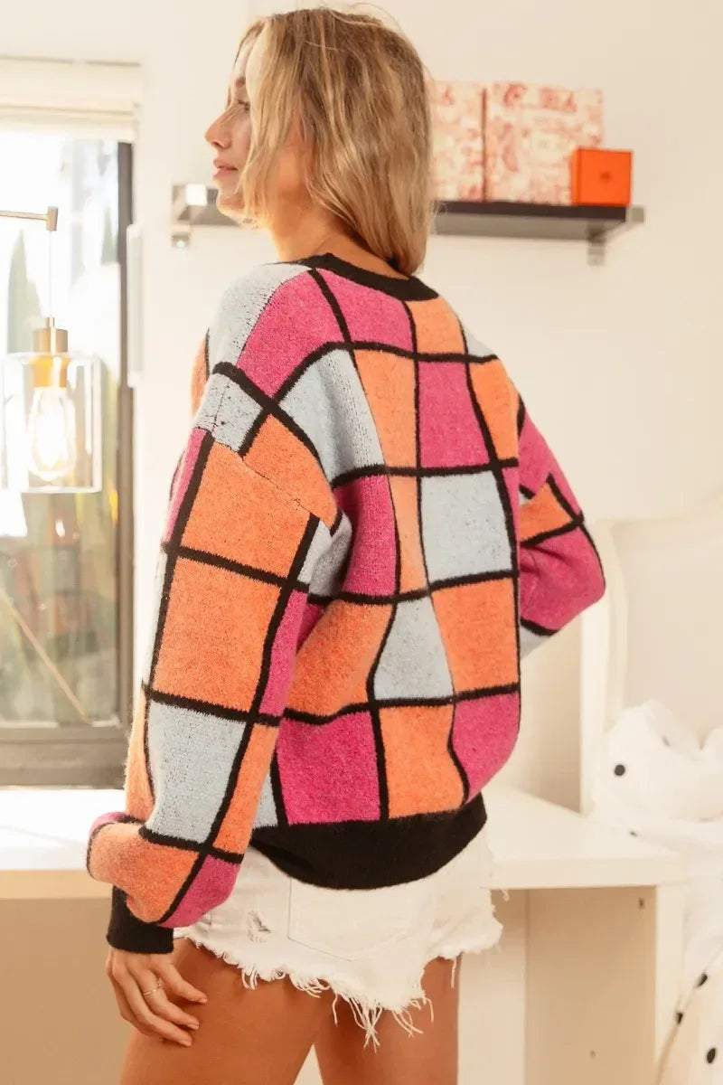 BiBi Multi Color Checker Pattern Sweater - DAVERRI FASHIONS
