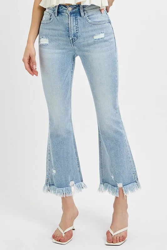 RISEN Full Size Raw Hem Distressed Cropped Flare Jeans Plus Size Light