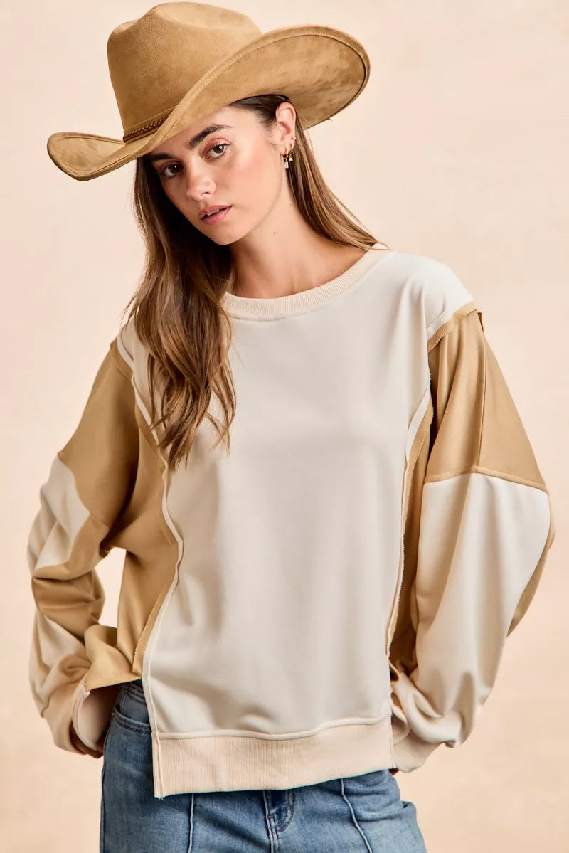 BiBi French Terry color-blocked sweatshirt in beige and cream with open seams