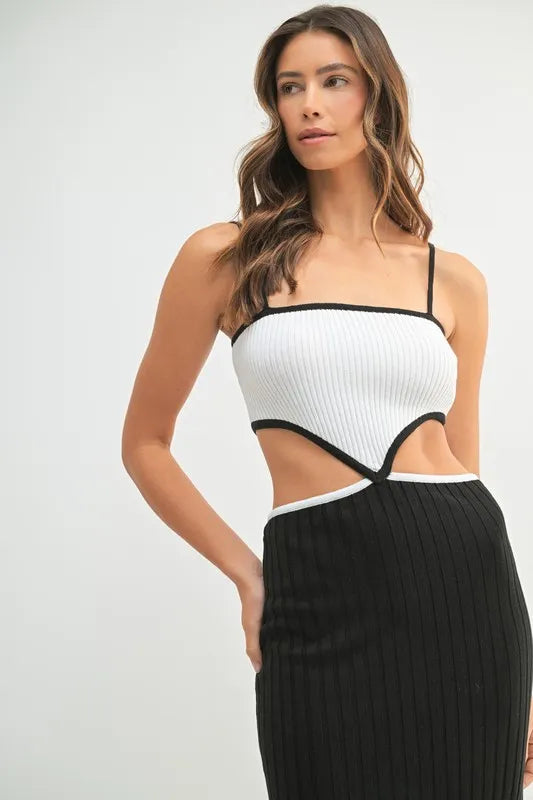 MABLE Black Ribbed Knit Color Block Cutout Midi Dress Midi Dresses