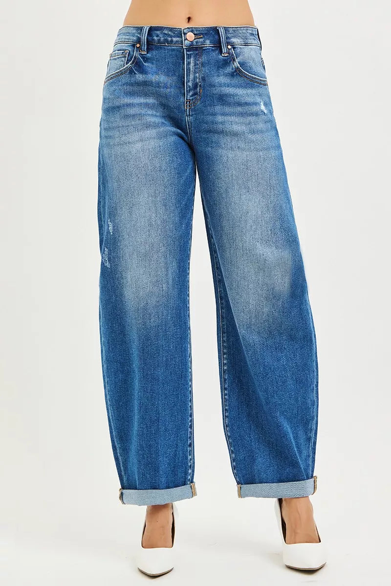 Blue wide-leg denim jeans with rolled cuffs by RISEN