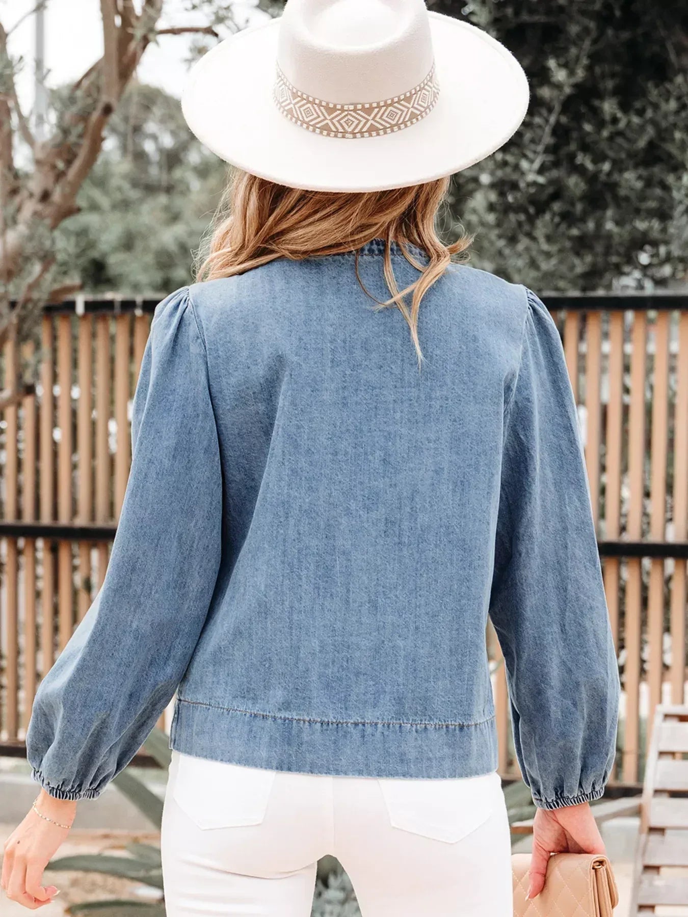 Tied Front Puff Sleeve Denim Top - DAVERRI FASHIONS