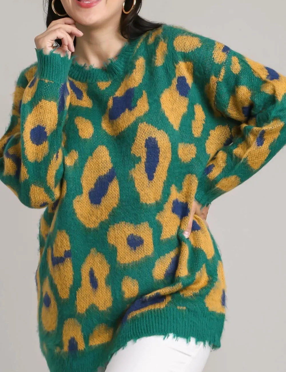 Umgee Full Size Leopard Destroyed Rib Band Sweater Plus Size | Sweaters Daverri Fashions