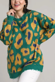 Umgee Full Size Leopard Destroyed Rib Band Sweater Plus Size | Sweaters Daverri Fashions