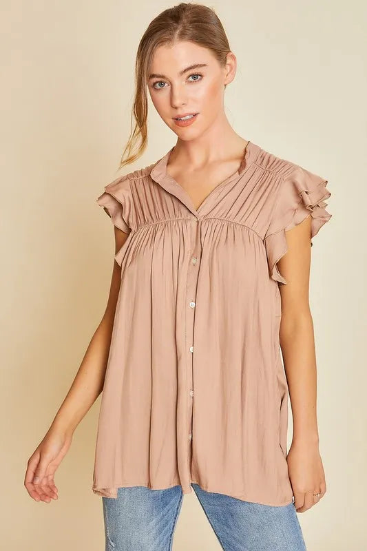 Annie Wear Ruffle Sleeve Shirred Flowy Woven Tunic Shirts CAPPUCCINO