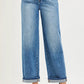 Blue denim wide-leg RISEN boyfriend jeans with drawstring waist and rolled cuffs
