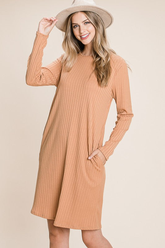 BOMBOM Round Neck Long Sleeve Ribbed Knit Dress Sherbet