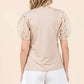 Mittoshop round neck beige top with floral lace puff sleeves