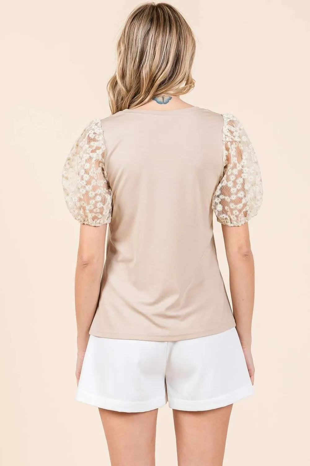 Mittoshop round neck beige top with floral lace puff sleeves