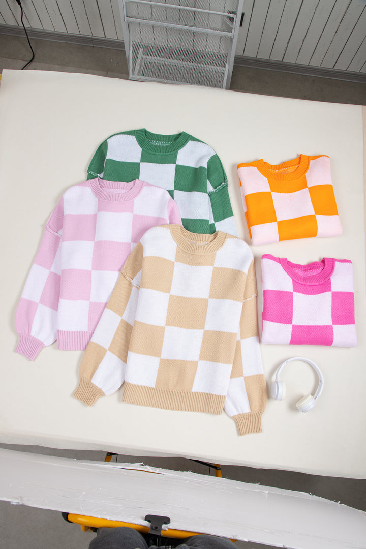 Checkered Bishop Sleeve Sweater | Sweaters Daverri Fashions