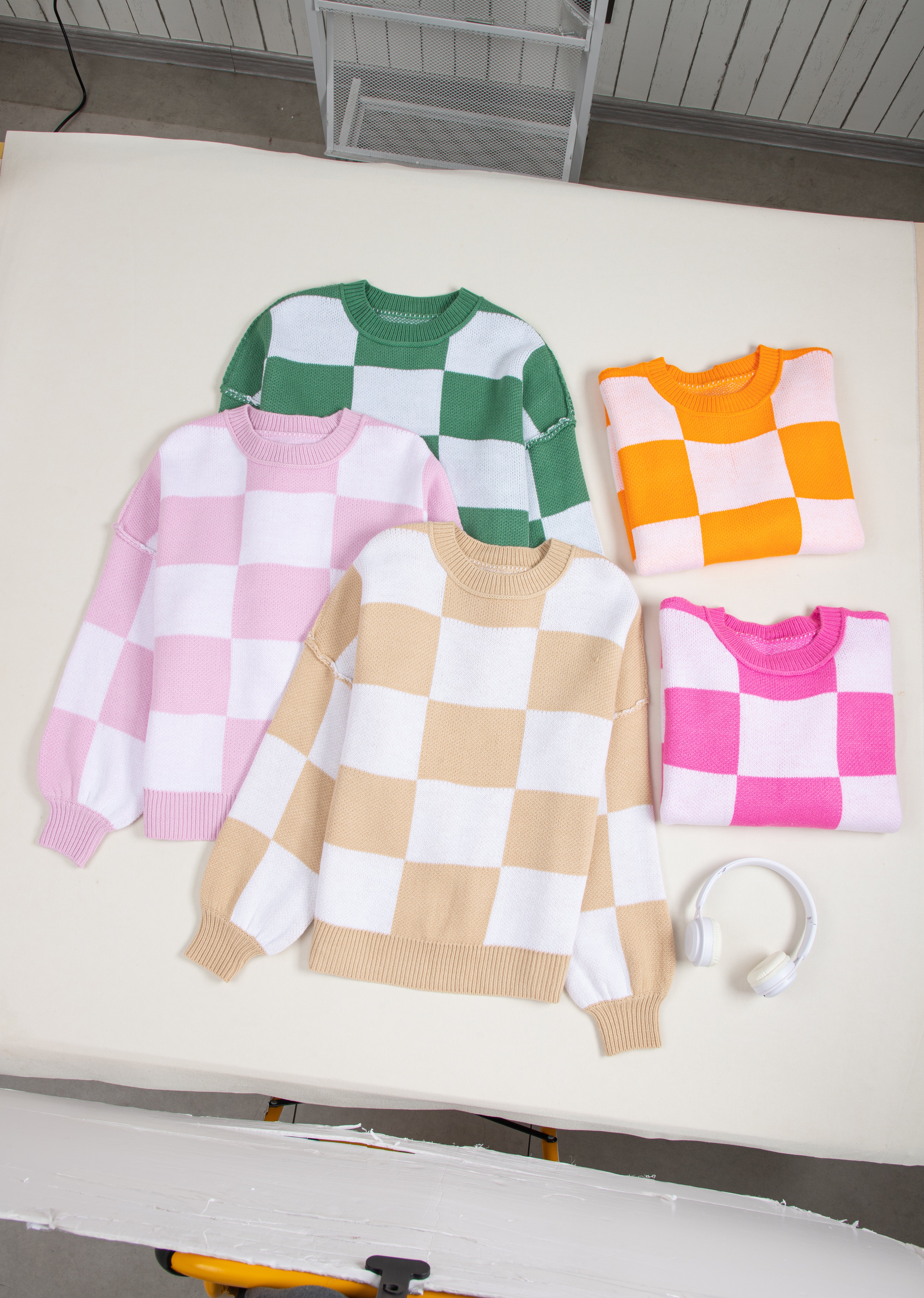 Checkered Bishop Sleeve Sweater | Sweaters Daverri Fashions