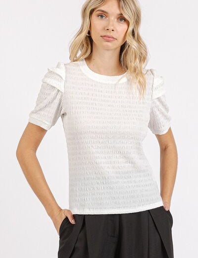 Mittoshop Textured Round Neck Short Sleeve Blouse Off White