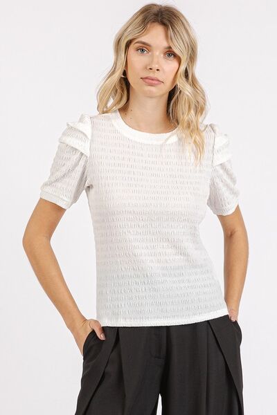 Mittoshop Textured Round Neck Short Sleeve Blouse Off White