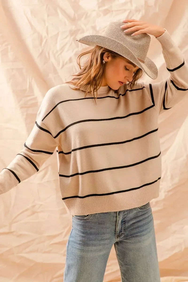 SO ME Stripe Crew Neck Basic Essential Sweater - DAVERRI FASHIONS