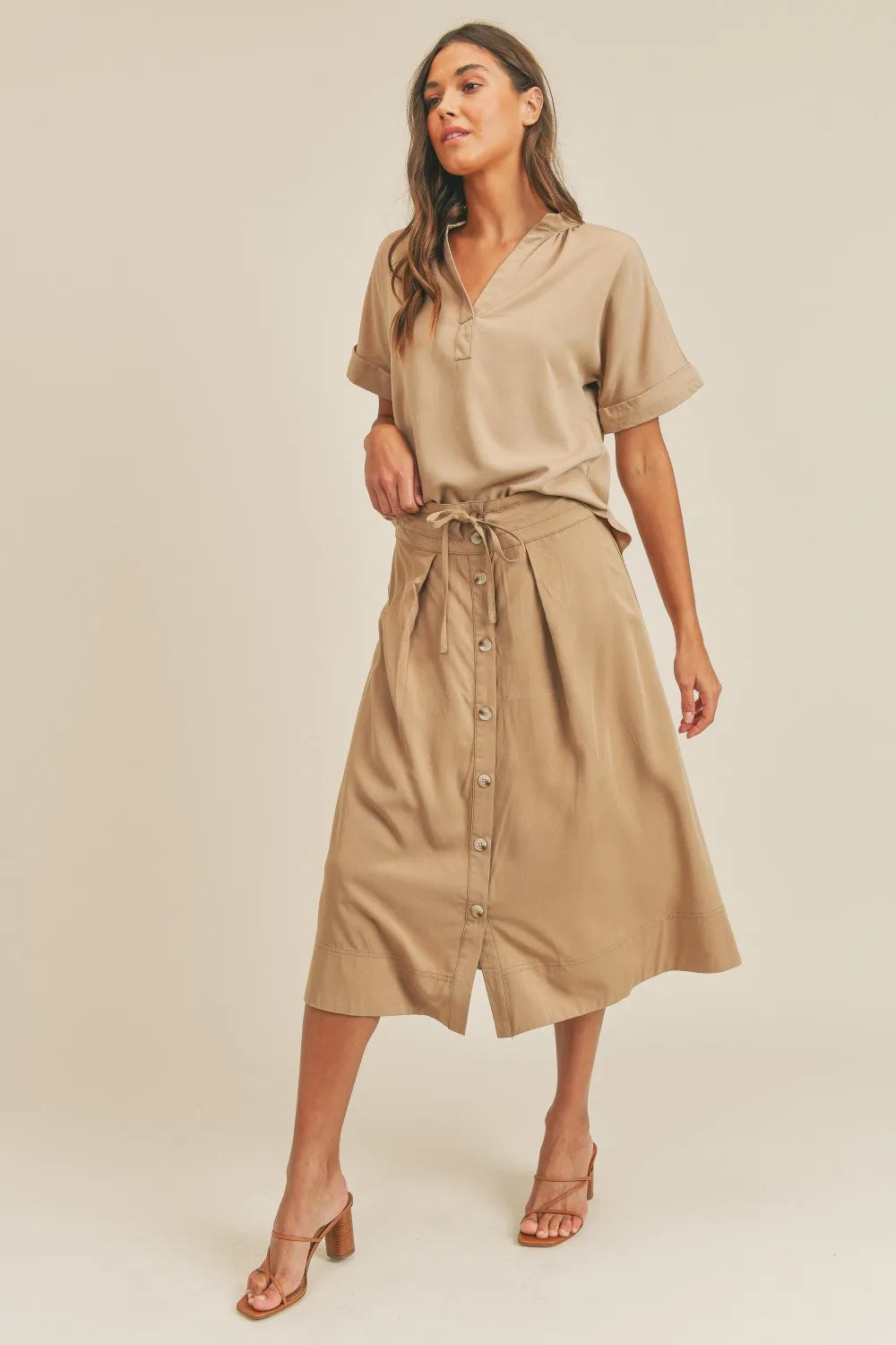 MABLE Short Sleeve Top and Button Down Midi Skirt Set Skirt Sets