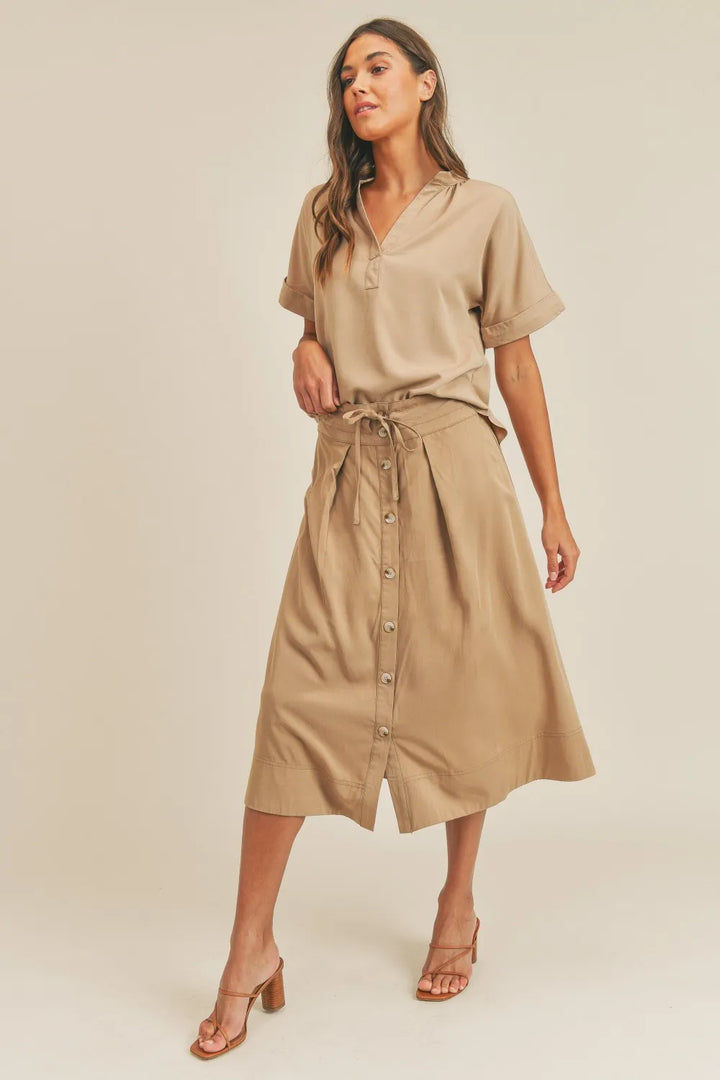 MABLE Short Sleeve Top and Button Down Midi Skirt Set Skirt Sets