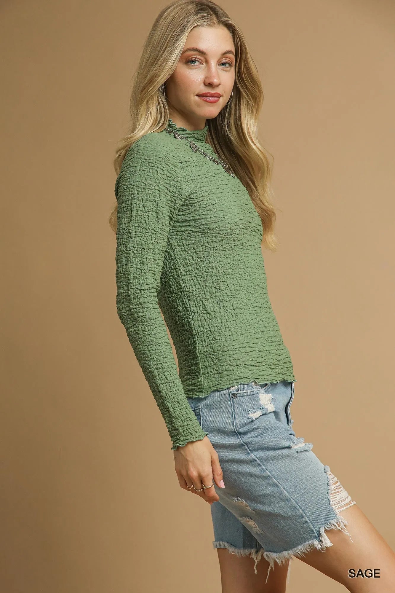 Umgee Textured Crinkle Knit Long Sleeve Top | Tops Daverri Fashions
