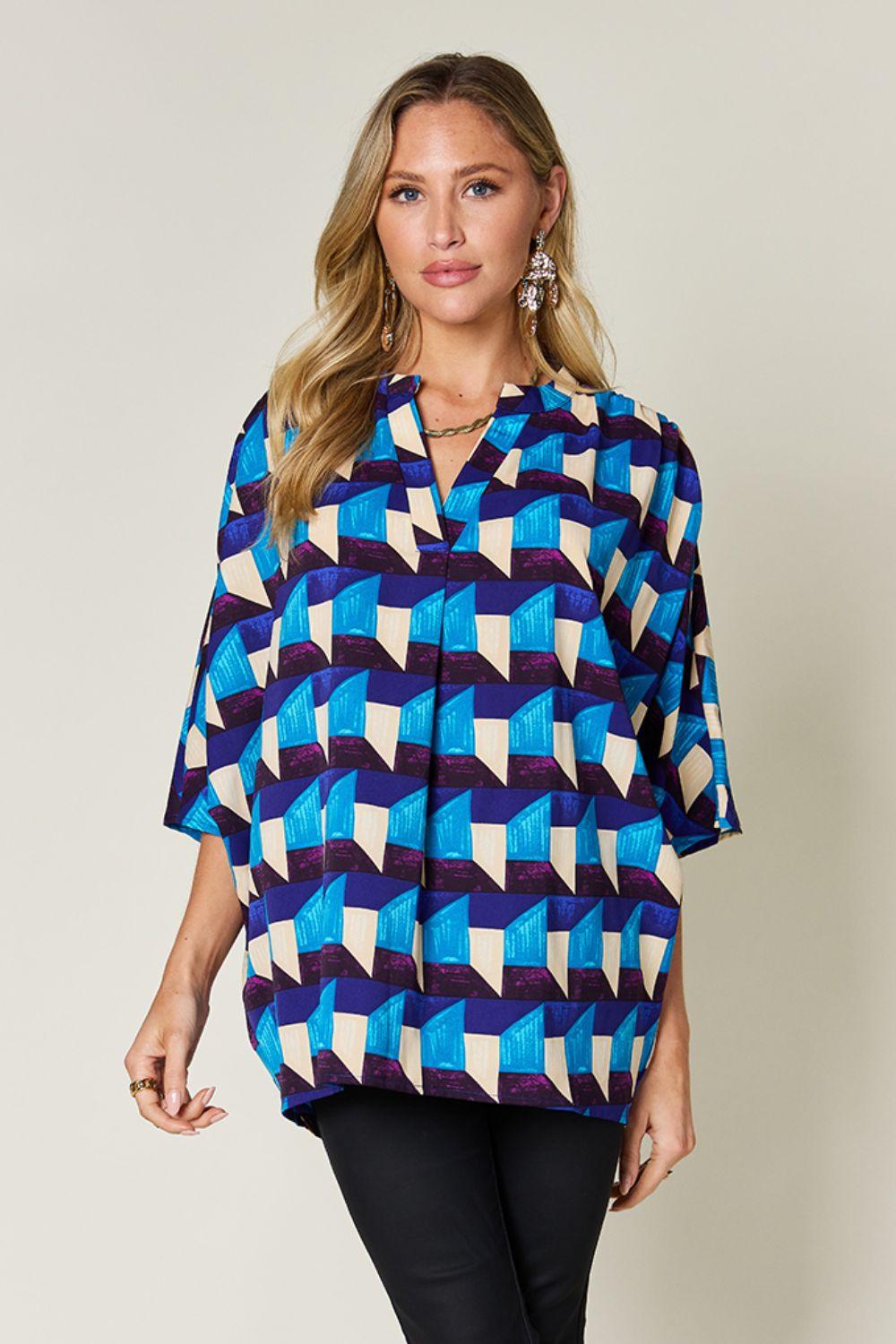 Double Take Full Size Geometric Notched Half Sleeve Blouse Sky Blue Shirts & Tops