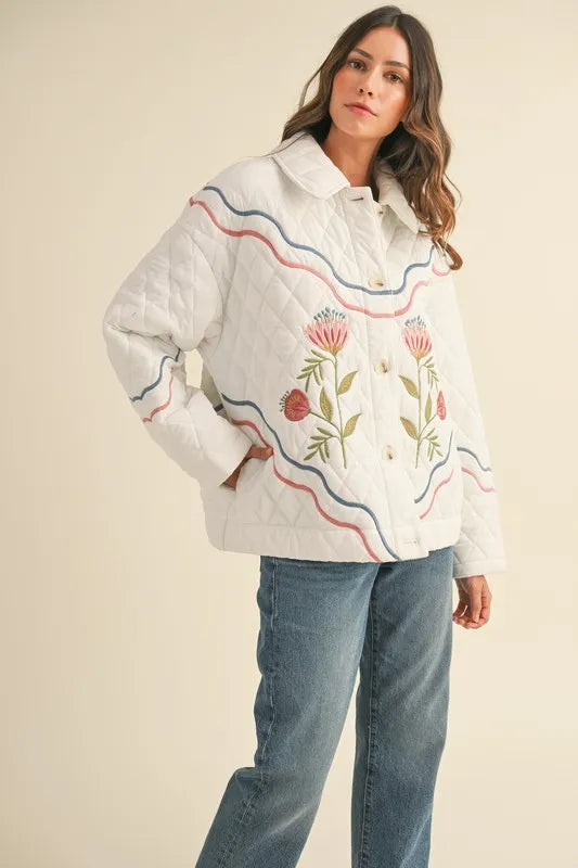 MABLE Floral Multi Color Embroidered Quilted Jacket
