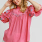 Umgee Full Size Embroidered Puff Sleeve Mock Neck Top Plus Size Hot Pink Tops